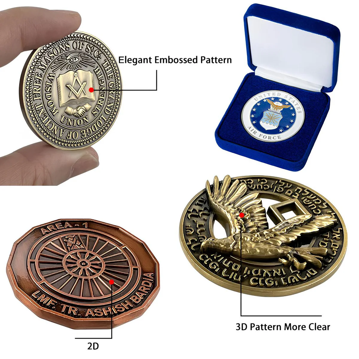 comparison showing stepped 2D relief and sculpted 3D eagle relief on challenge coins