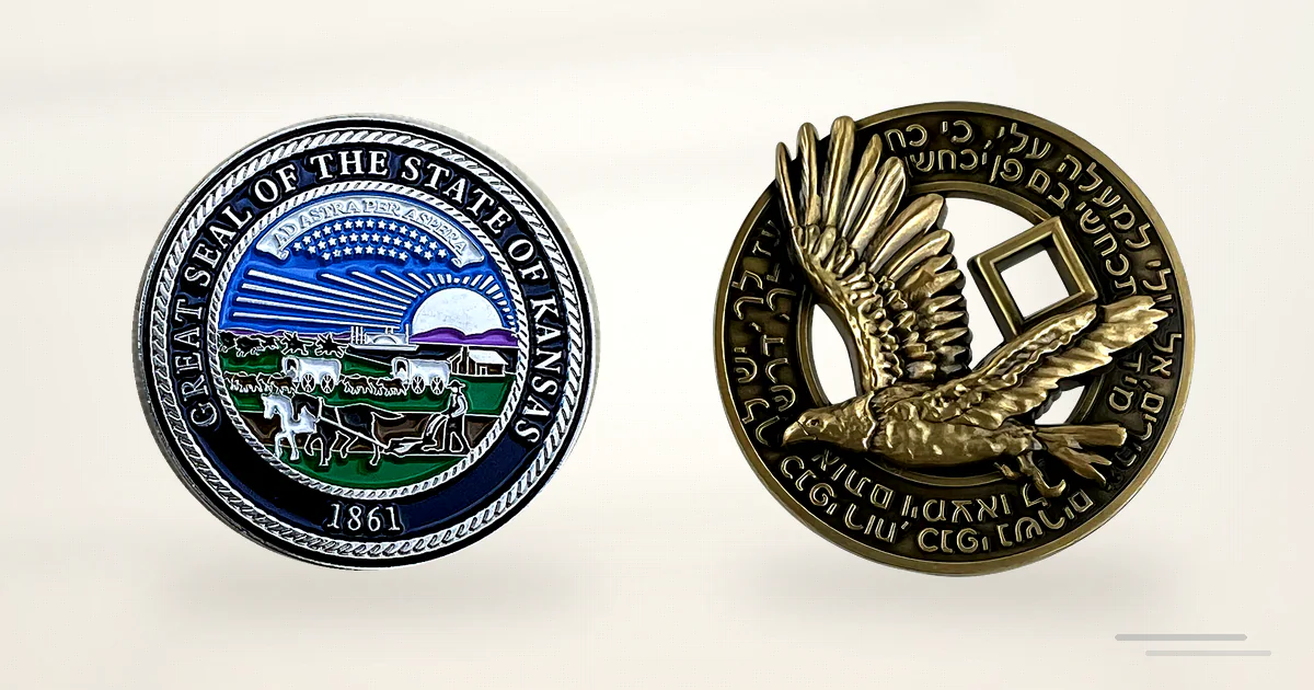 side-by-side comparison of a colorful 2D challenge coin and a sculpted 3D challenge coin