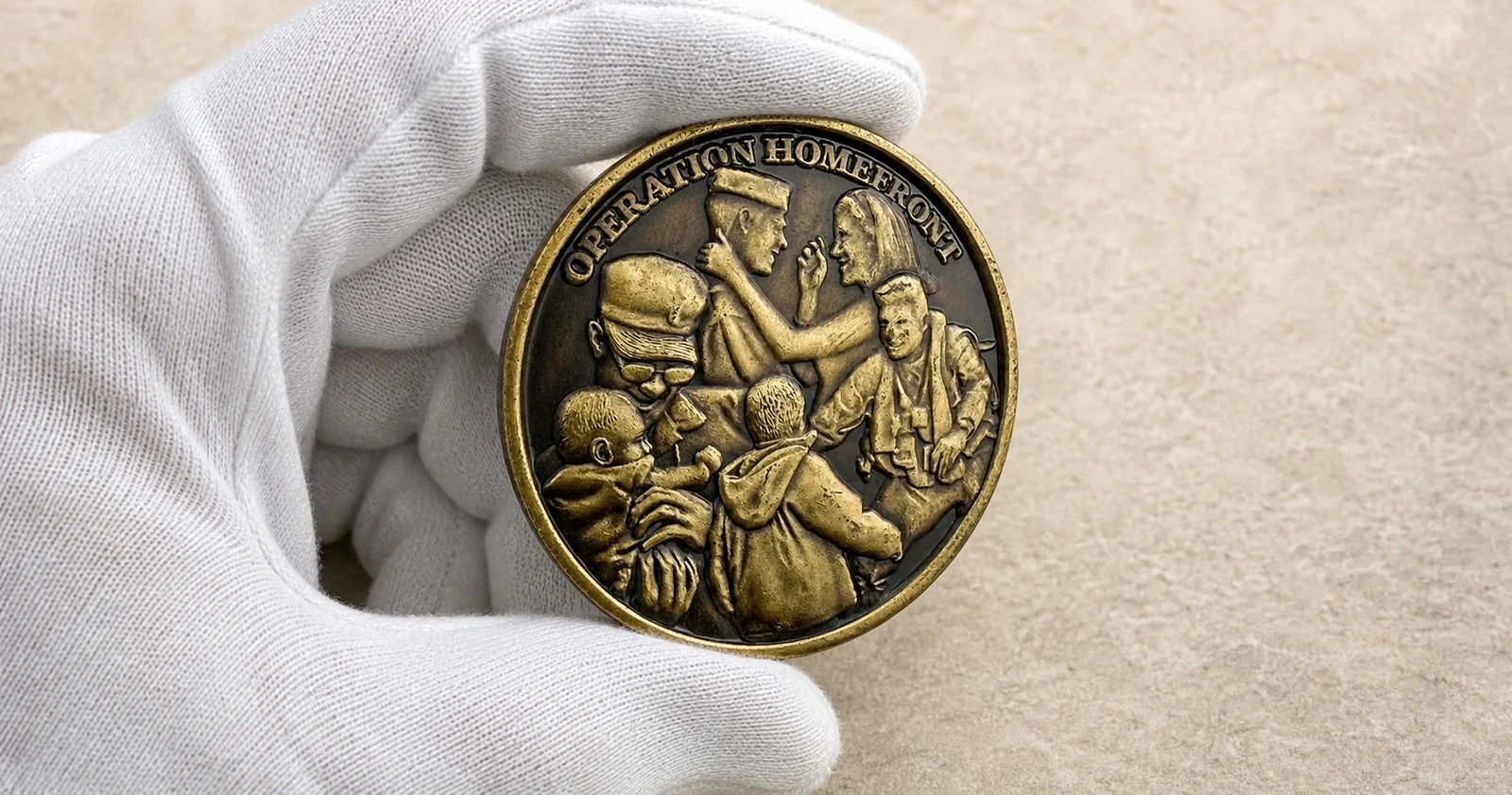 3D antique gold challenge coin with sculpted bas-relief figures