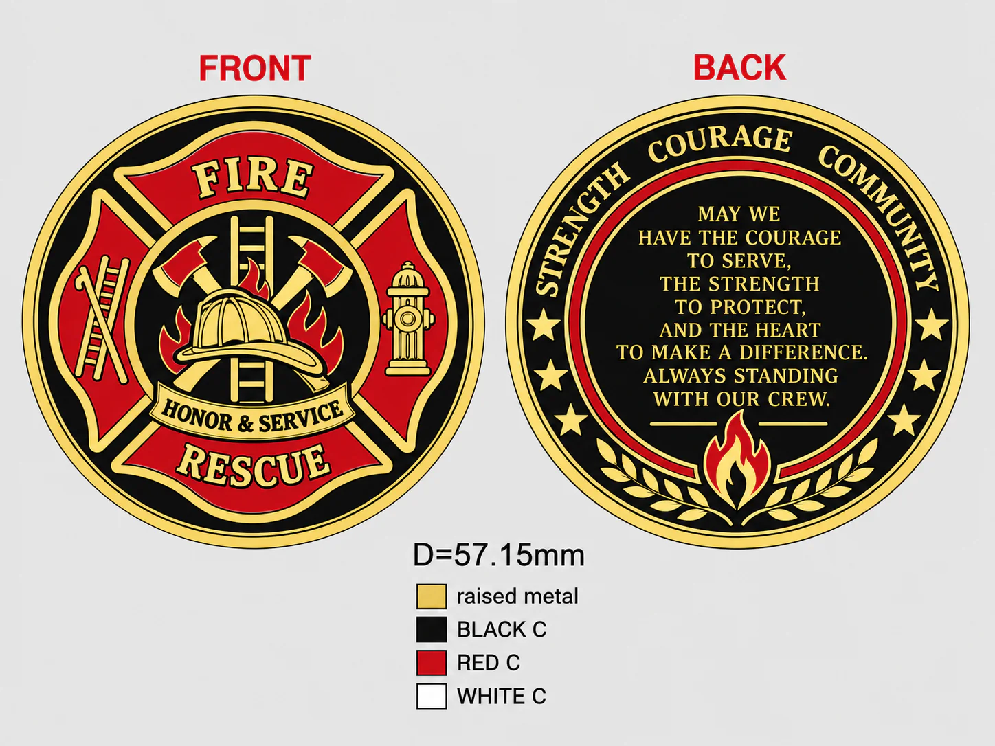 Front and back firefighter challenge coin artwork with diameter and color references