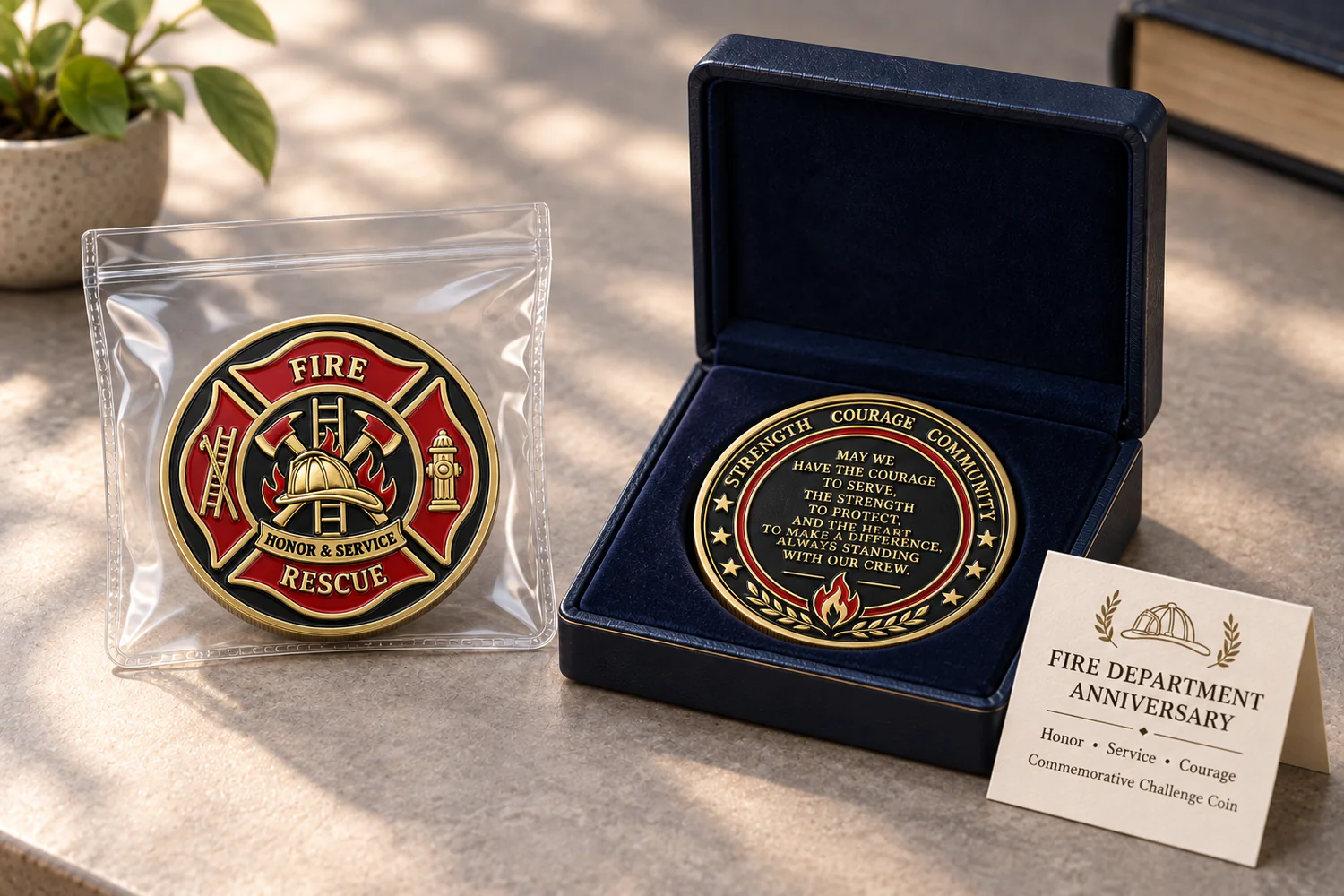 Firefighter challenge coins presented in a clear pouch and navy presentation box