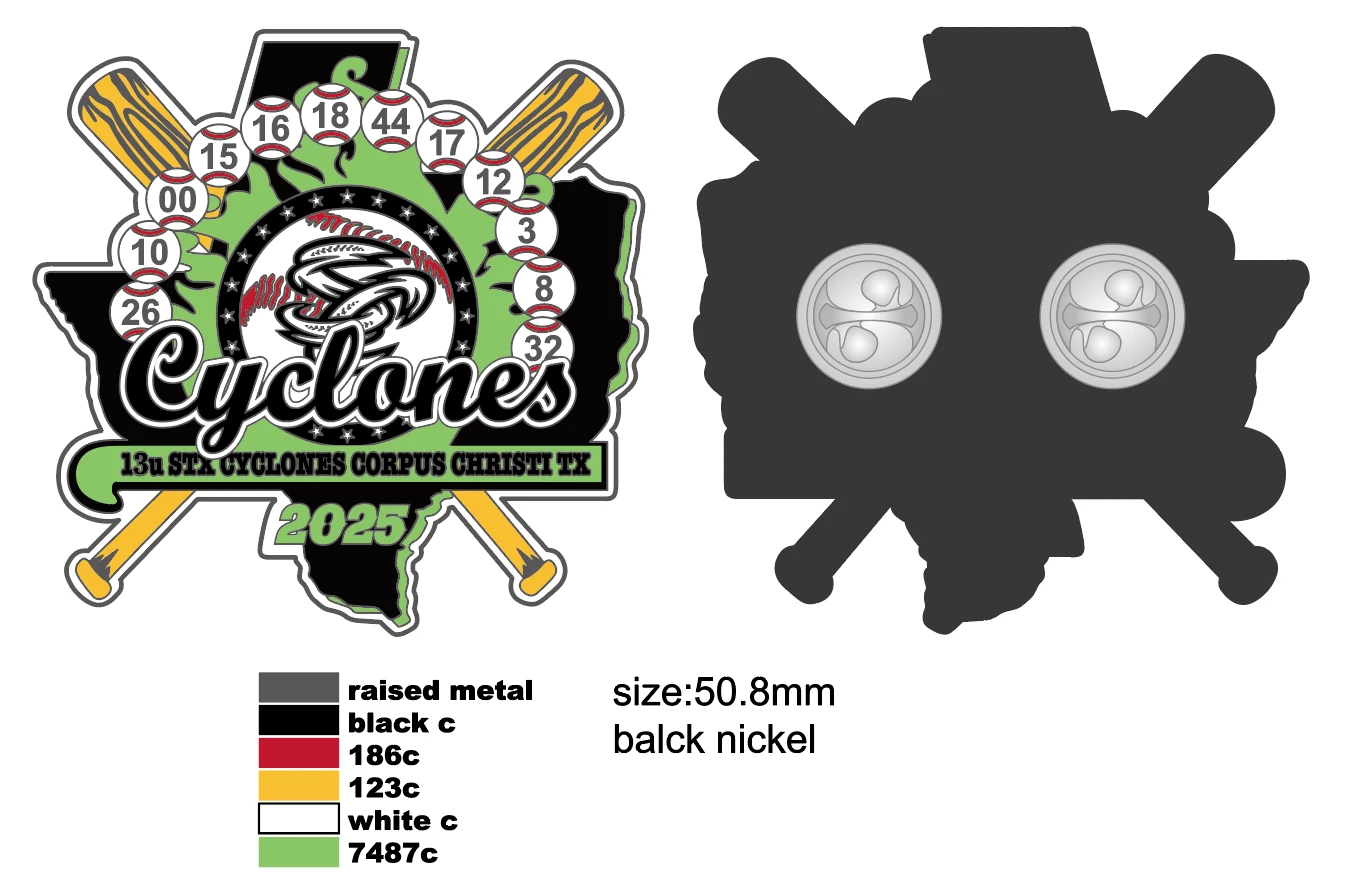 Earlier Cyclones team pin proof showing the front design, back and specifications