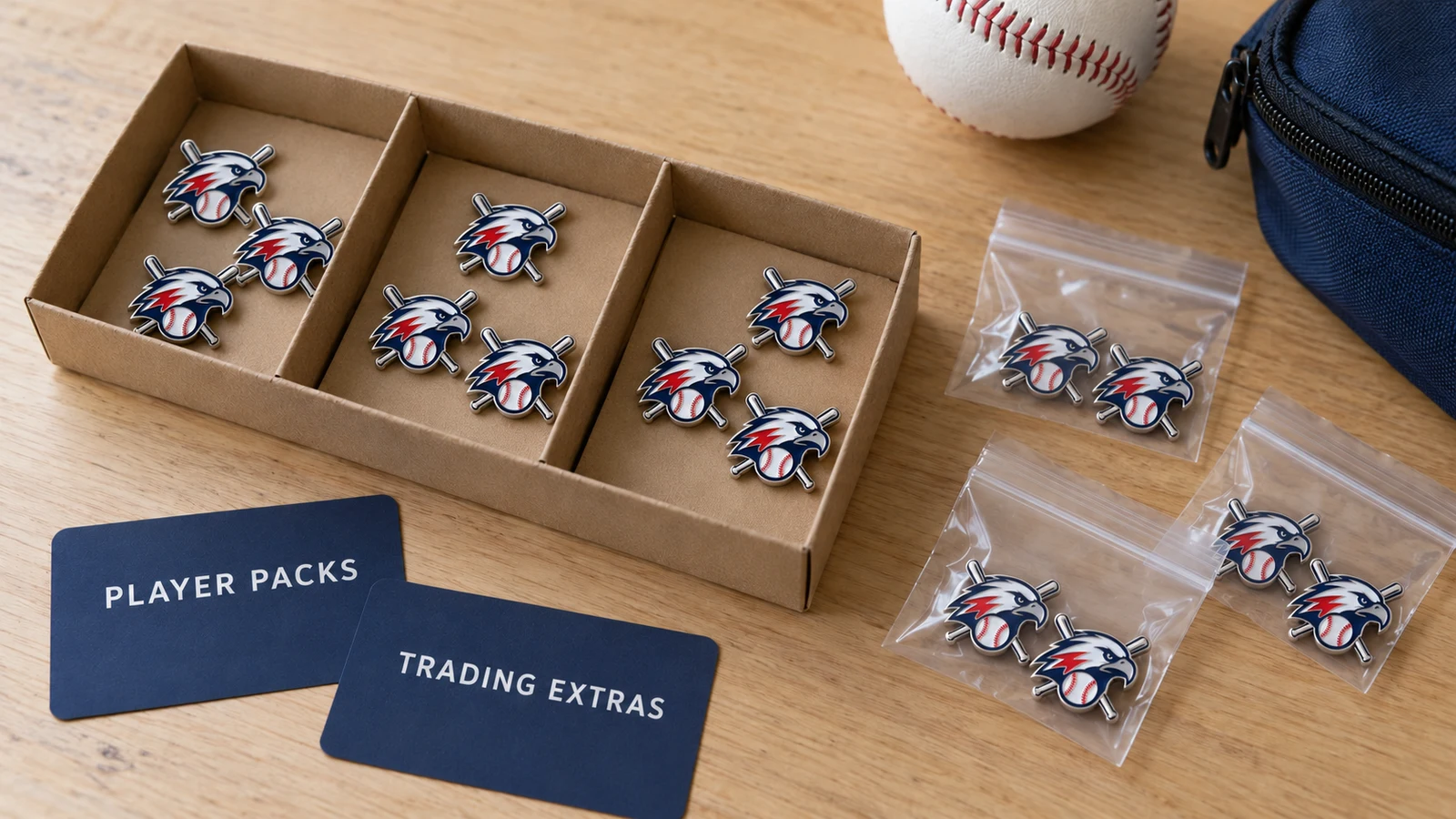 Concept layout of baseball trading pins grouped in trays and clear packets