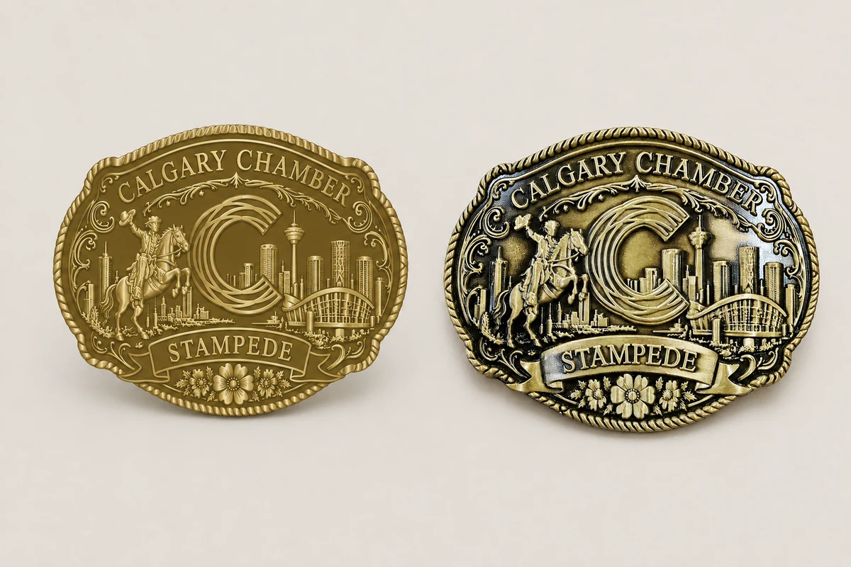 Custom belt buckle digital proof compared with the finished product