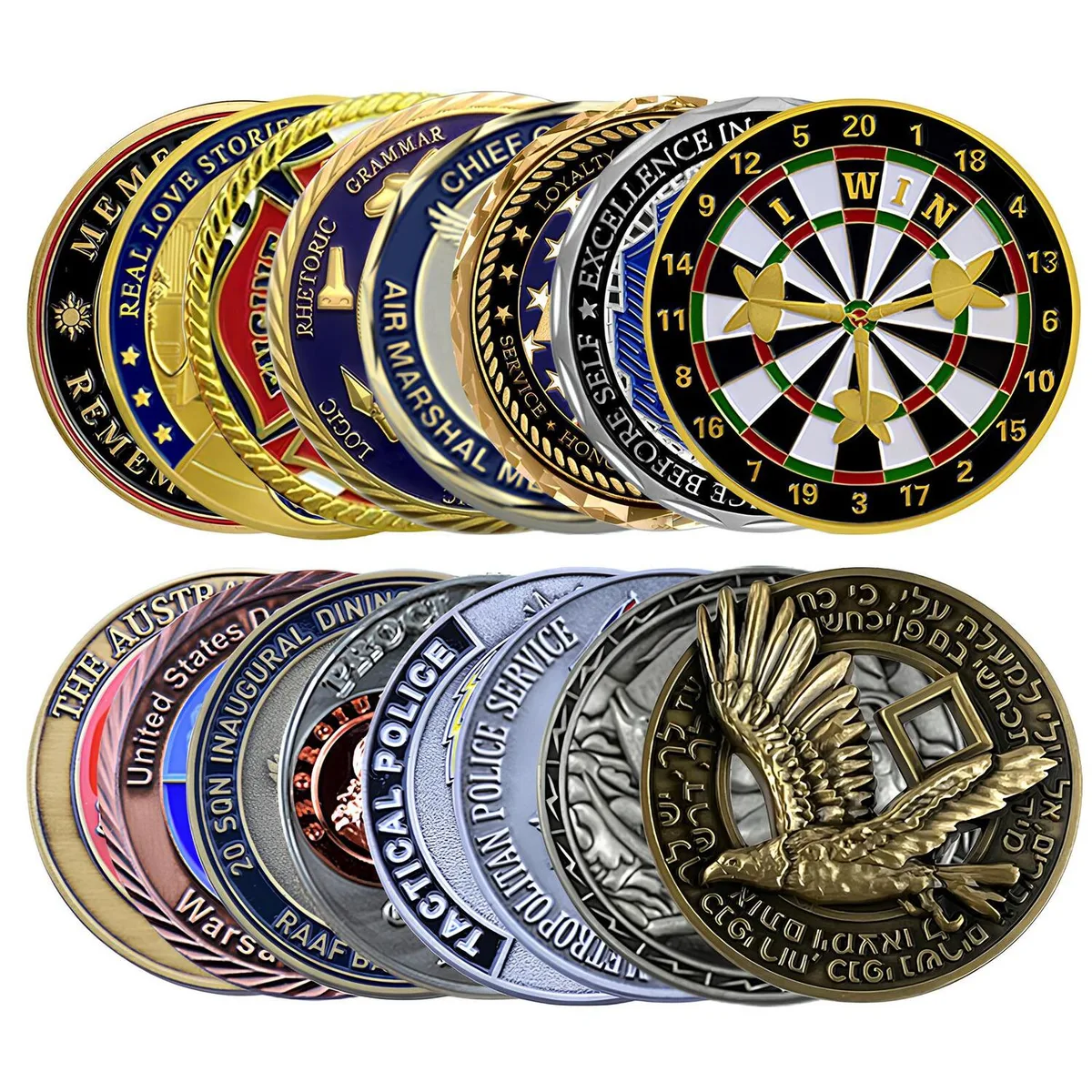 2D and 3D custom challenge coin examples with different finishes