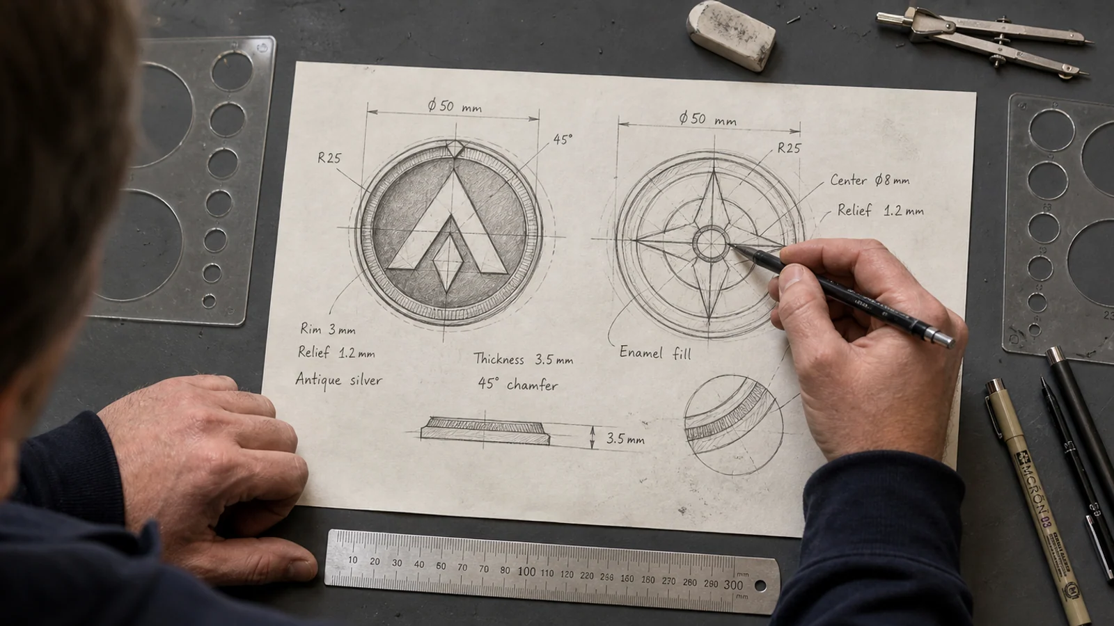 challenge coin front back and thickness drawings reviewed at actual size with a metal ruler