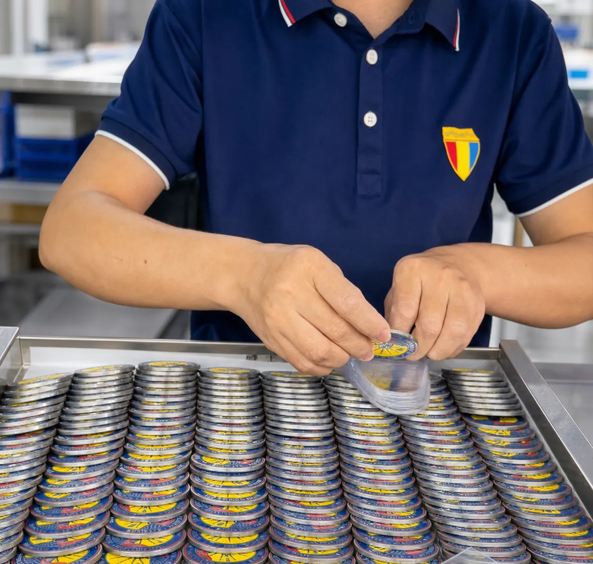 custom challenge coins being inspected before packaging