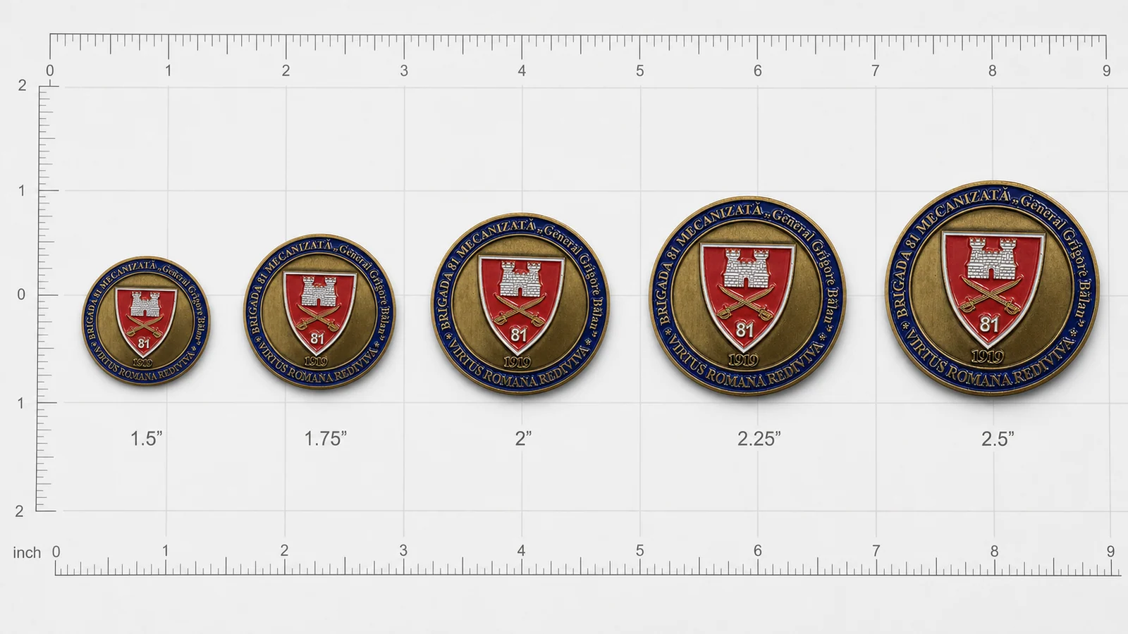 five antique gold challenge coins arranged from 1.5 to 2.5 inches on a measurement chart