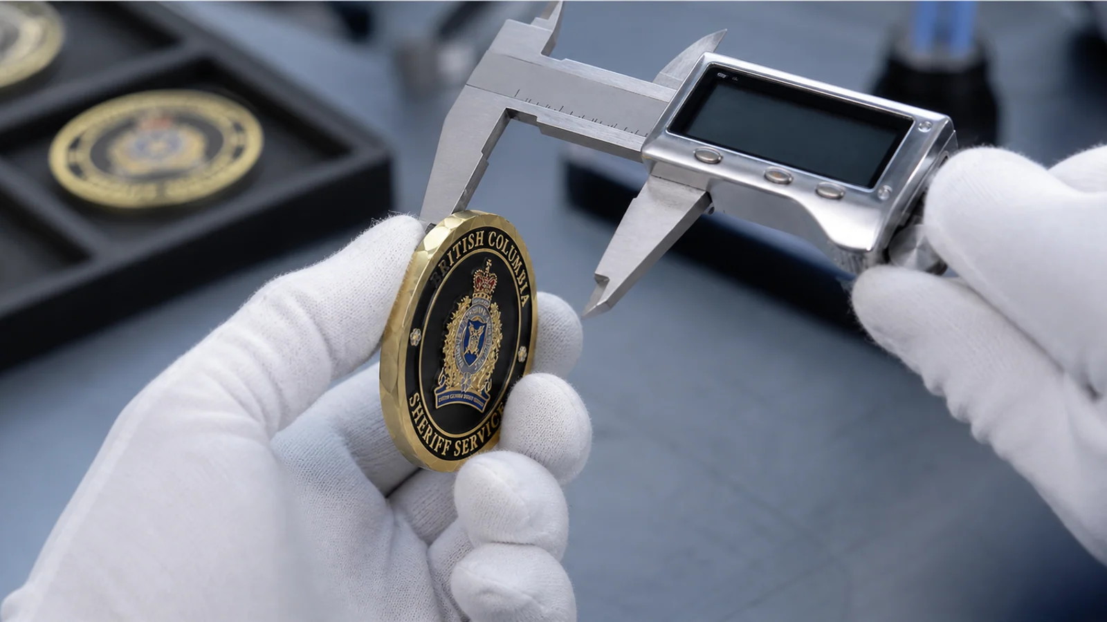 quality inspector using a digital caliper to measure the edge of a gold challenge coin