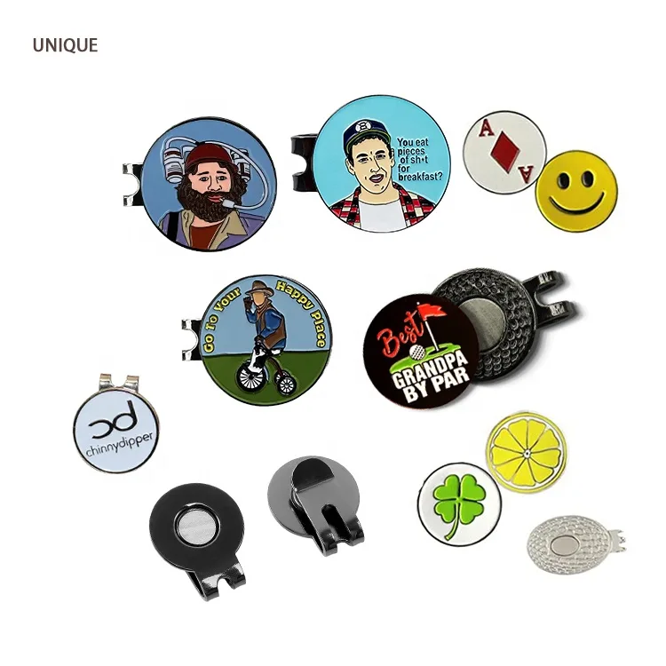 custom golf ball markers and hat clips in different shapes and finishes