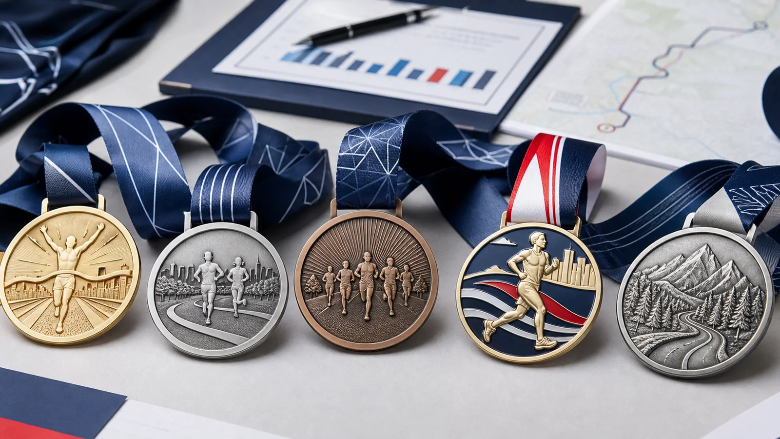 custom marathon medals with printed ribbons for running events