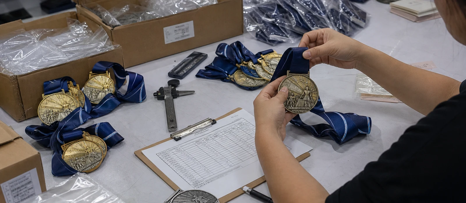 factory worker inspecting custom marathon medals before shipment