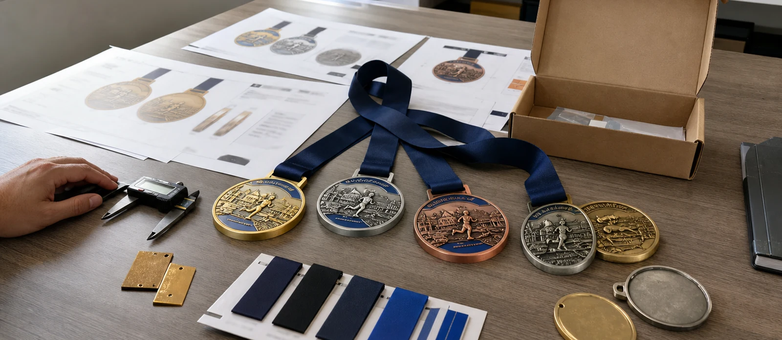 custom marathon medal samples reviewed with artwork proofs and ribbon swatches