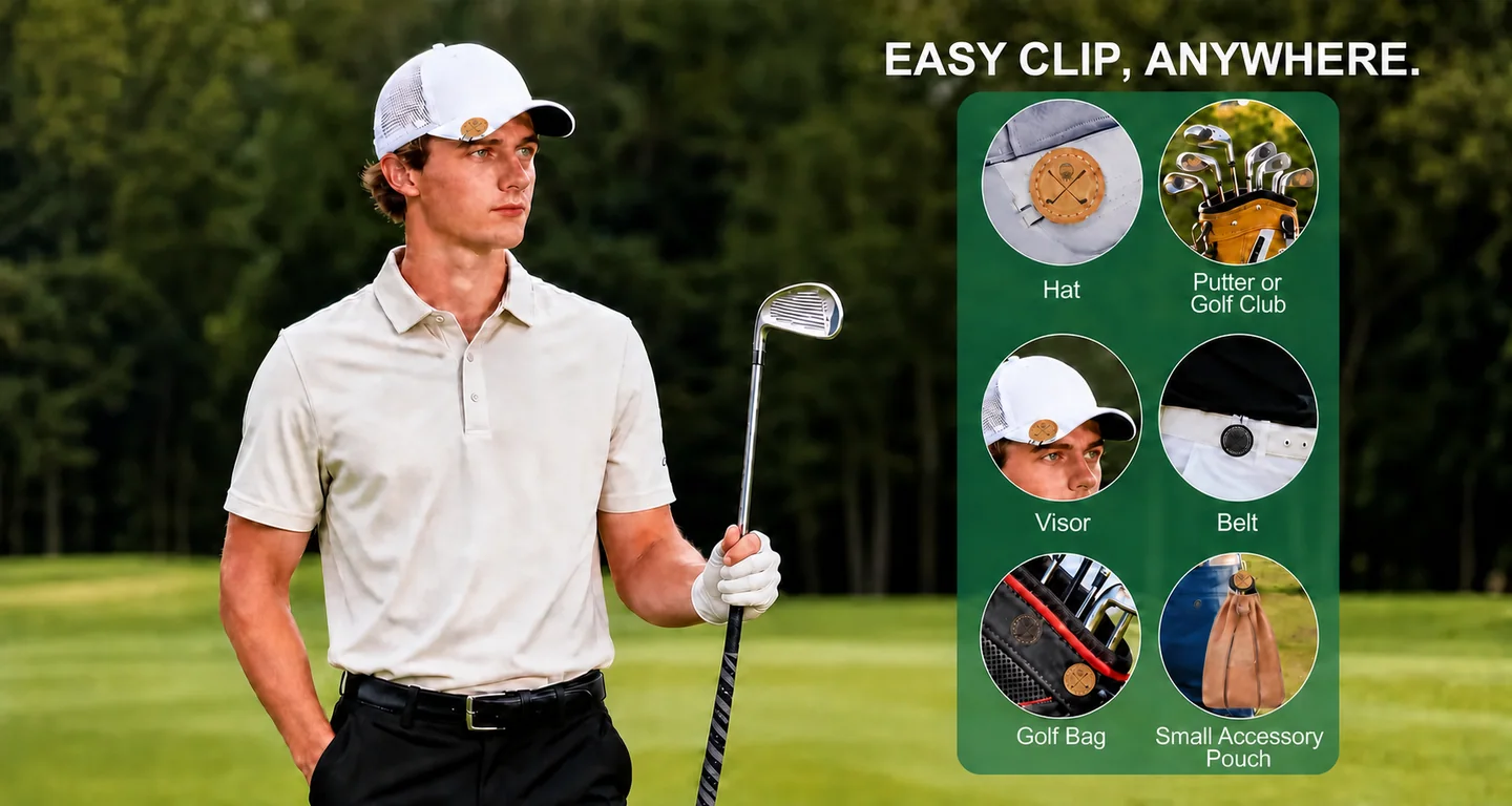 magnetic golf ball marker shown on a hat visor belt golf bag and accessory pouch