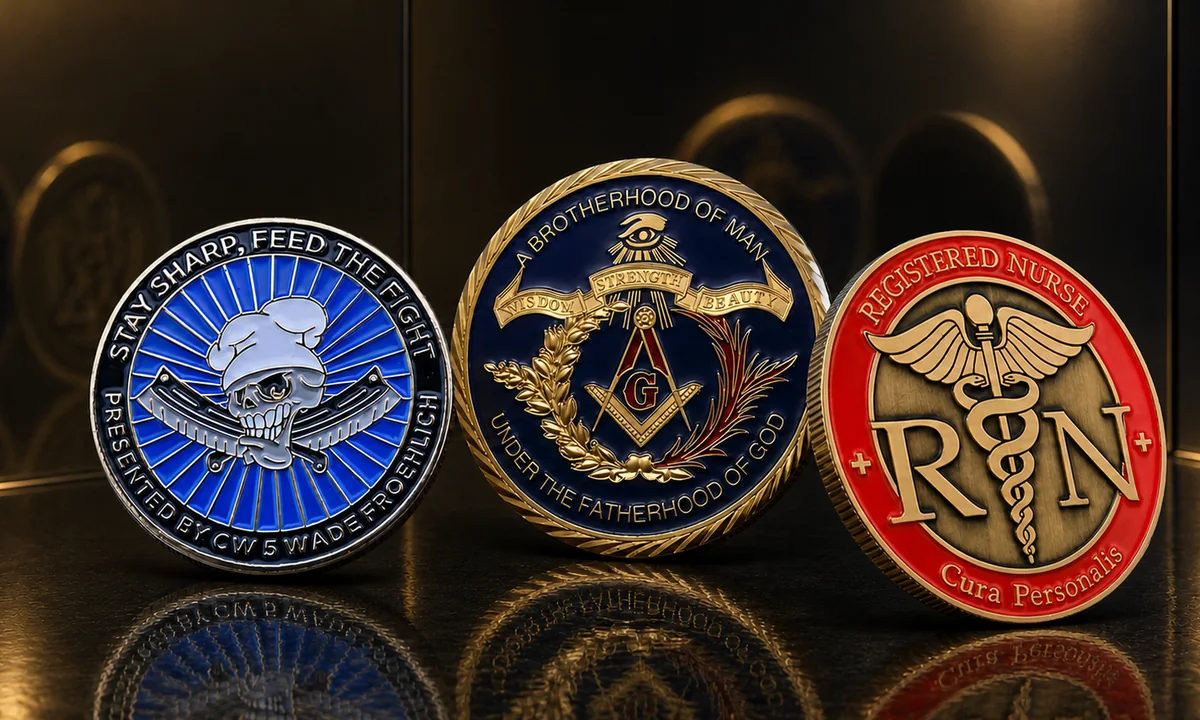 three custom challenge coins with blue red and gold enamel finishes