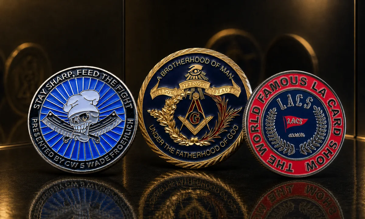 three custom challenge coins with blue red and gold enamel finishes