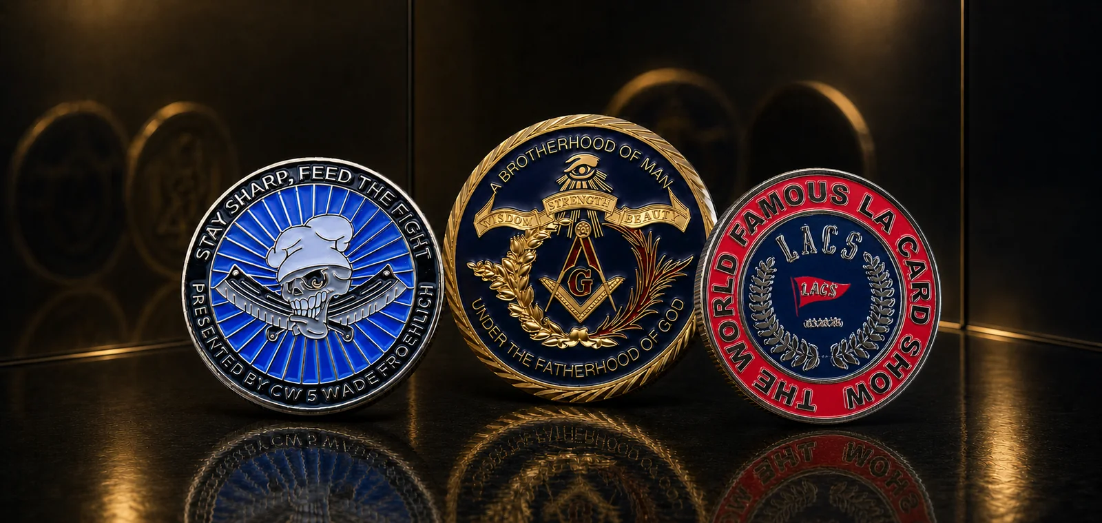 three custom challenge coins with blue red and gold enamel finishes