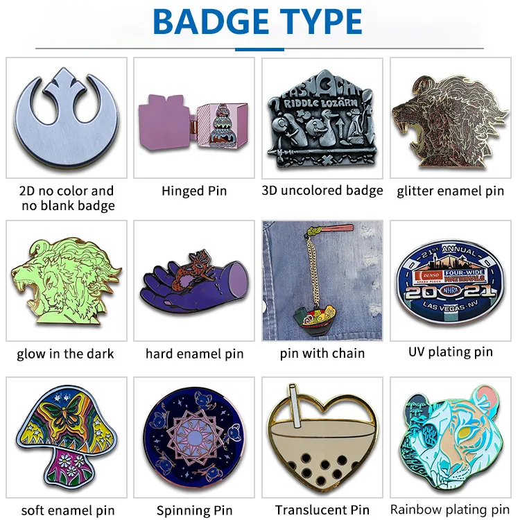 custom lapel pin badge type examples including hard enamel soft enamel pin with chain and special plating