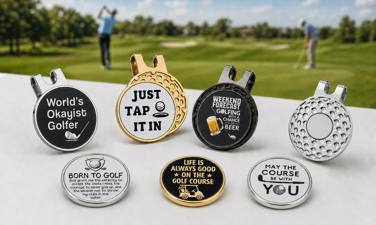 personalized golf ball markers with magnetic hat clips displayed at a golf course