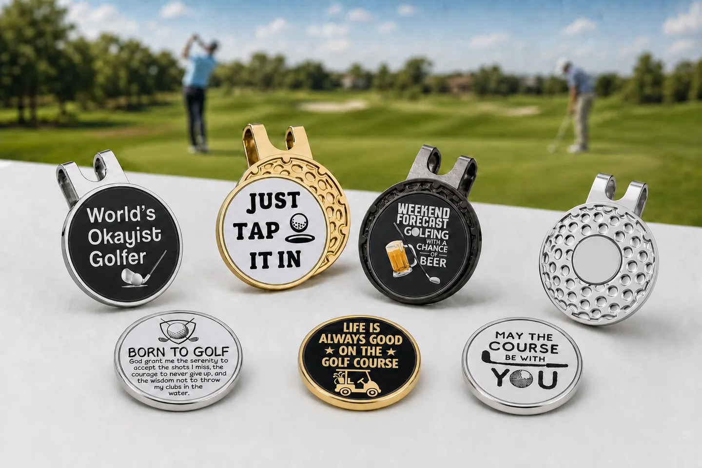 personalized golf ball markers with magnetic hat clips displayed at a golf course