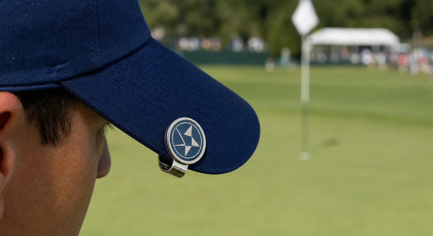 personalized blue and silver golf ball marker attached to a navy cap brim with a magnetic hat clip