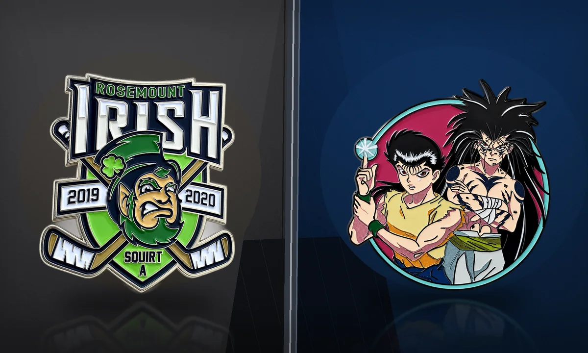 two custom enamel pins with detailed sports and character artwork