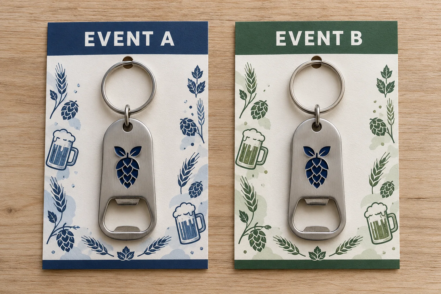 Two metal keychain bottle openers attached to printed event backer cards