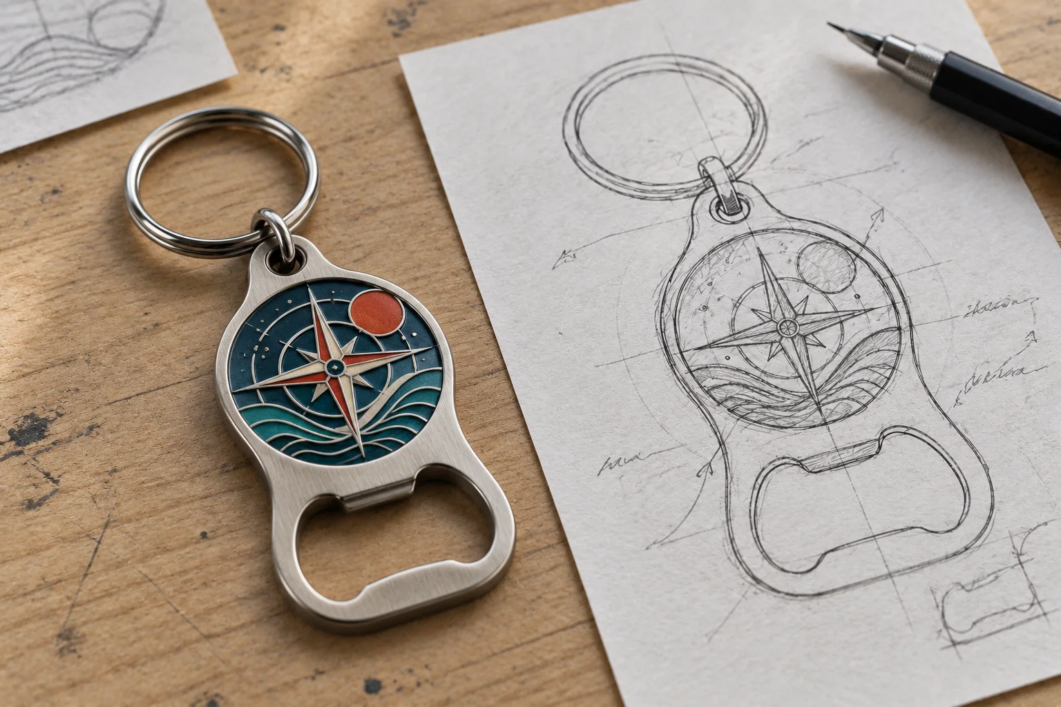 Custom metal bottle opener showing the logo area, cap opening and key ring connection
