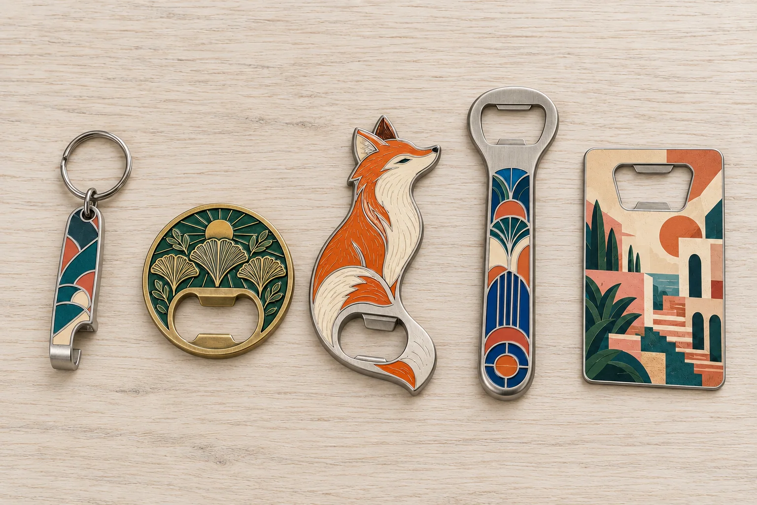 Close views of custom metal bottle openers showing their openings, grips and key ring connection where applicable