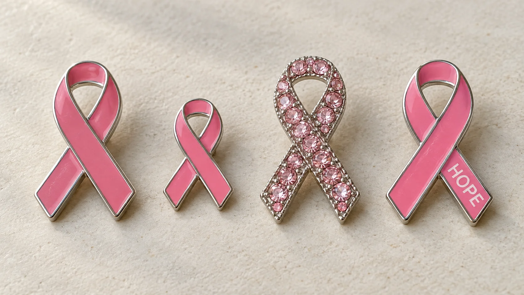 Four pink ribbon pins displayed side by side: plain, smaller plain, rhinestone, and a ribbon with HOPE lettering.
