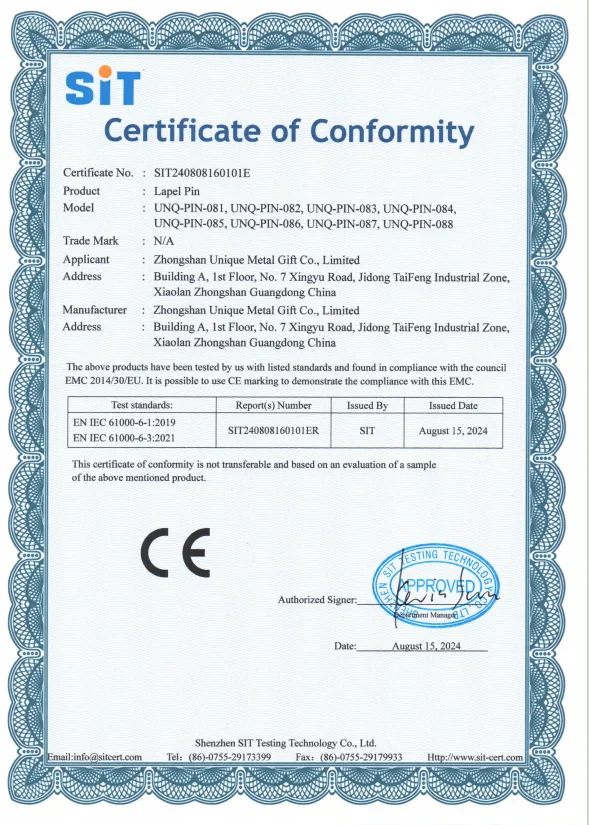 Unique Pin CE certificate