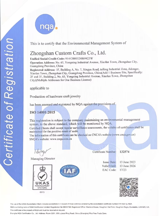 Unique Pin ISO14001 certificate