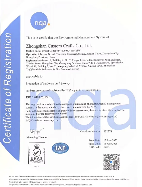 Unique Pin ISO14001 certificate