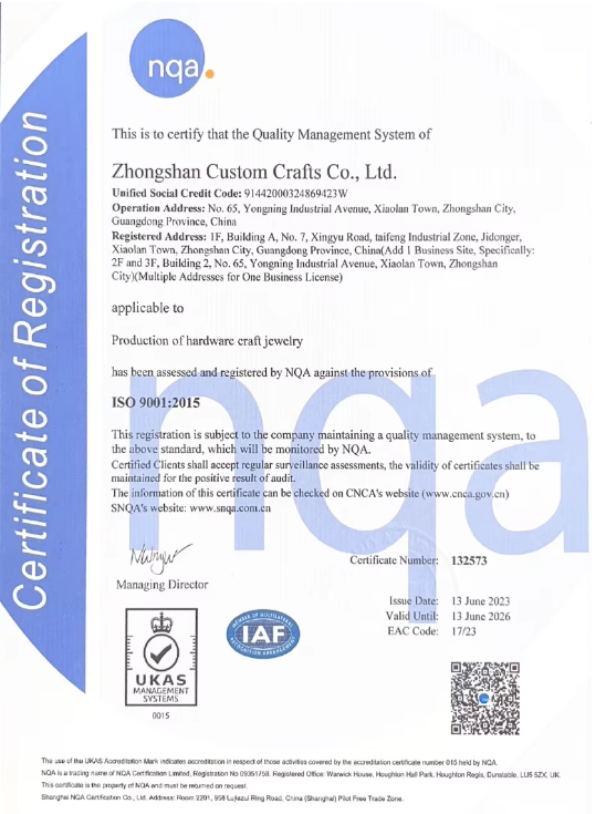 Unique Pin ISO9001 certificate