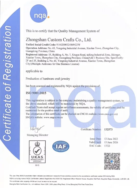Unique Pin ISO9001 certificate