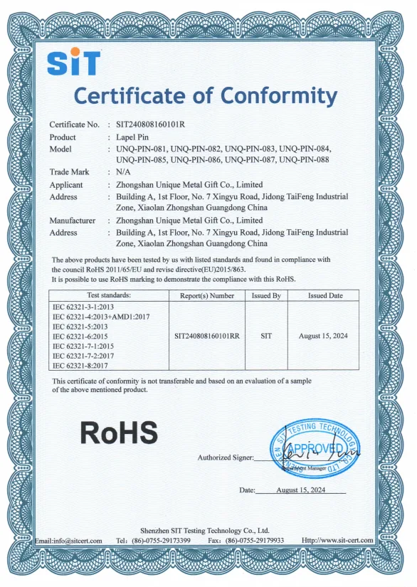 Unique Pin RoHS certificate