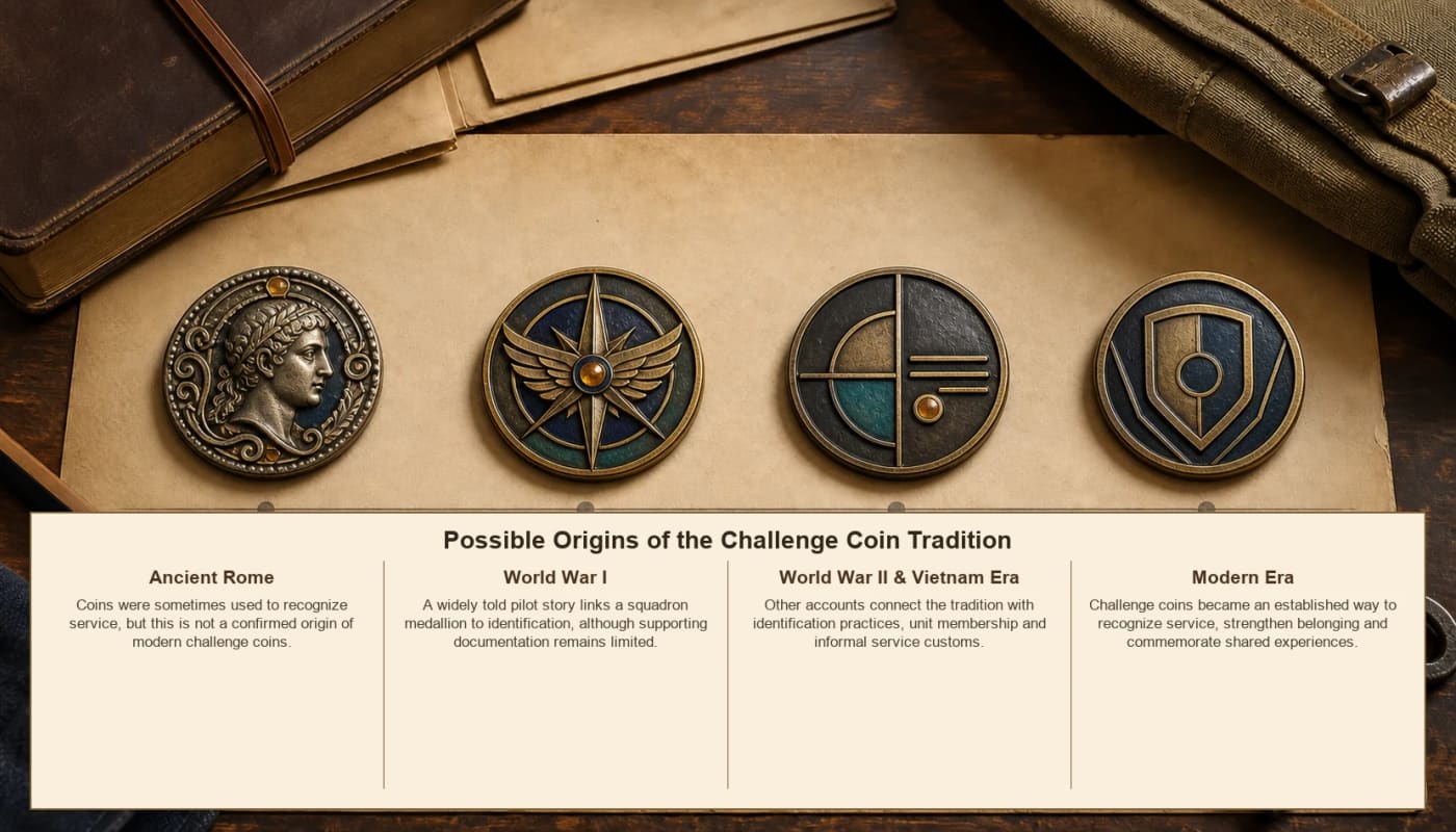 Timeline showing the debated origins of challenge coin traditions