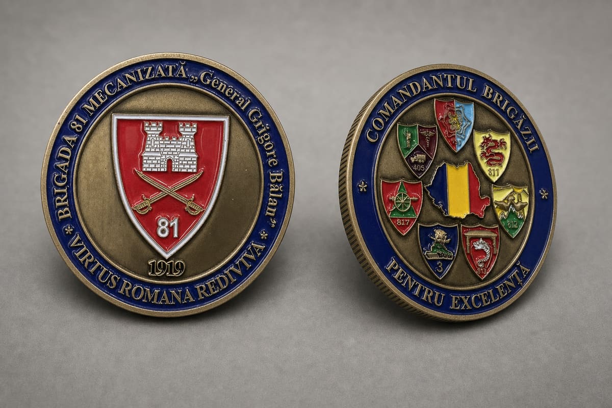 Two custom challenge coins with raised enamel details