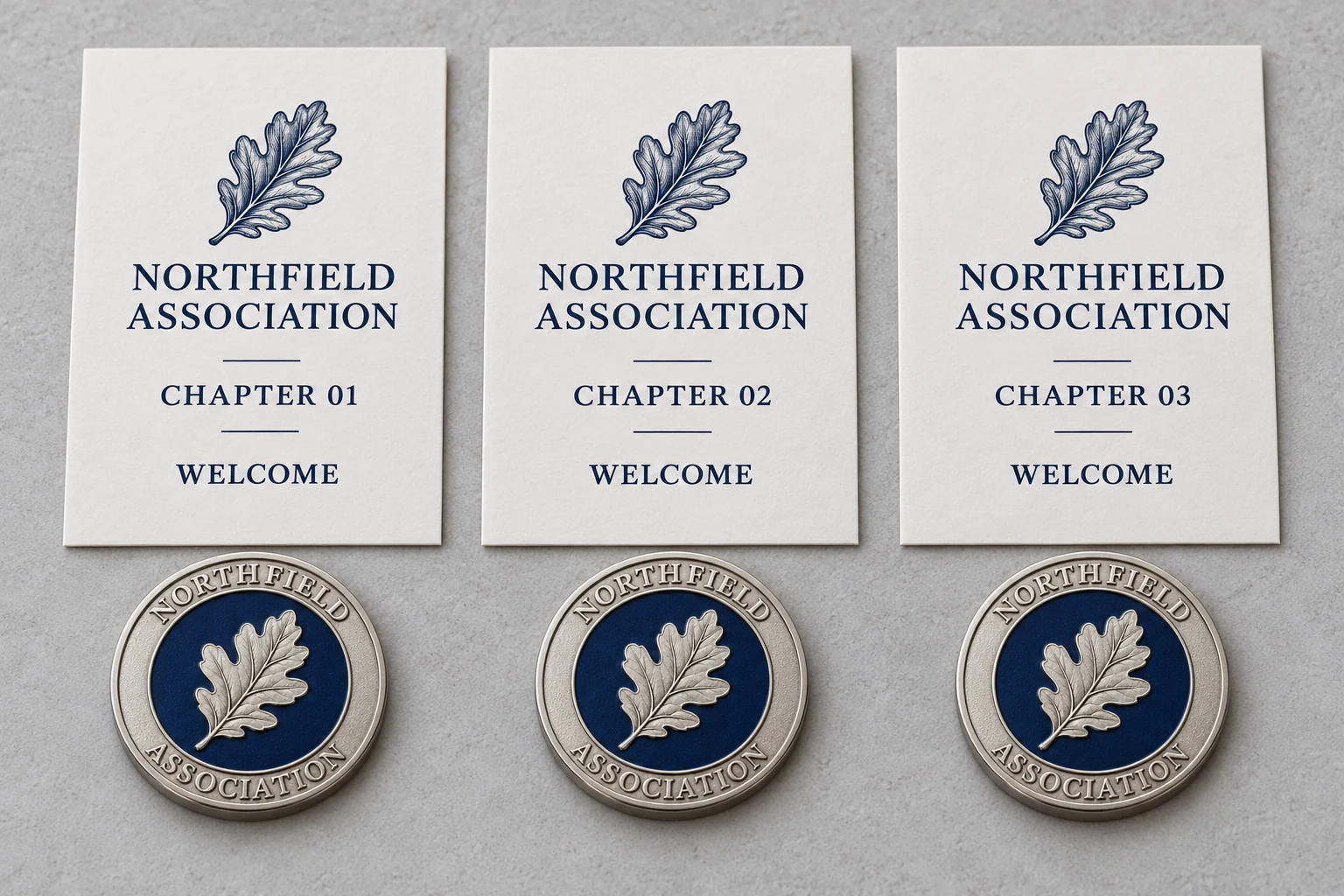 Three identical concept challenge coins paired with different chapter presentation cards