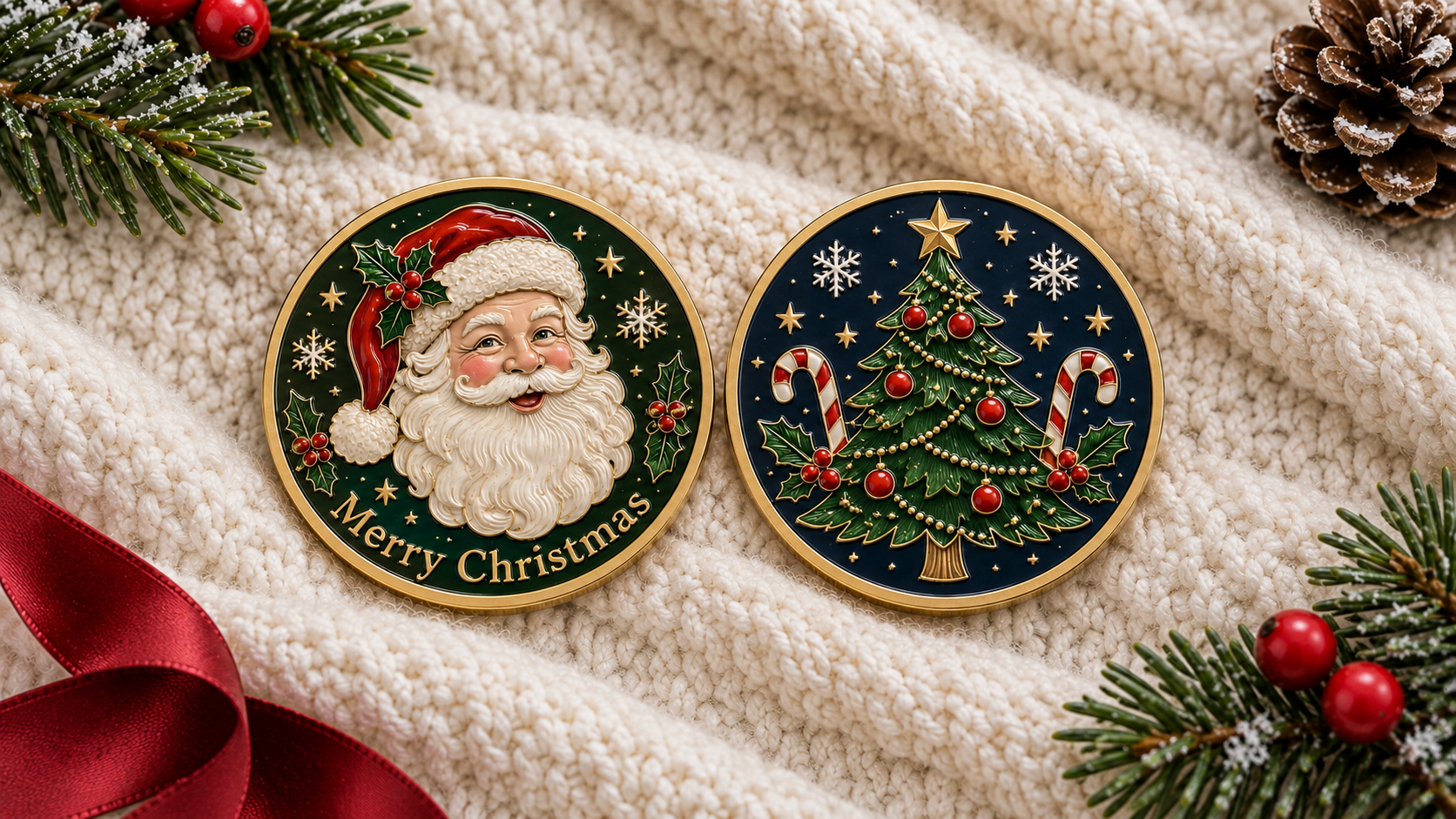 Concept views of a commemorative coin with Santa and Merry Christmas wording on one face and a decorated Christmas tree on the reverse.