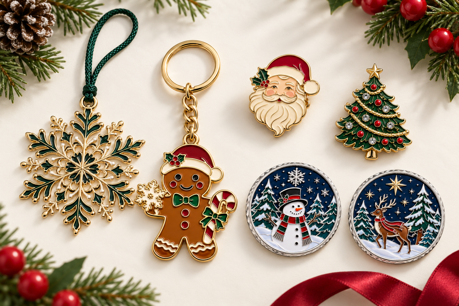 Concept designs featuring a snowflake ornament, gingerbread keychain, Santa and Christmas tree pins, and two commemorative coin faces.