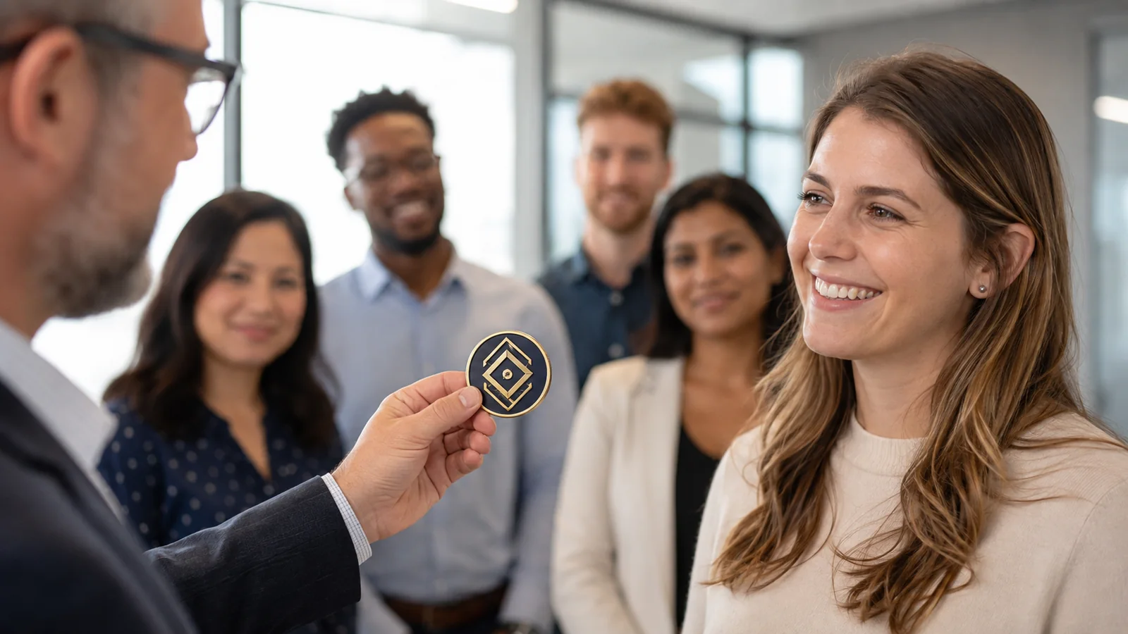 Manager presenting a corporate challenge coin during employee recognition