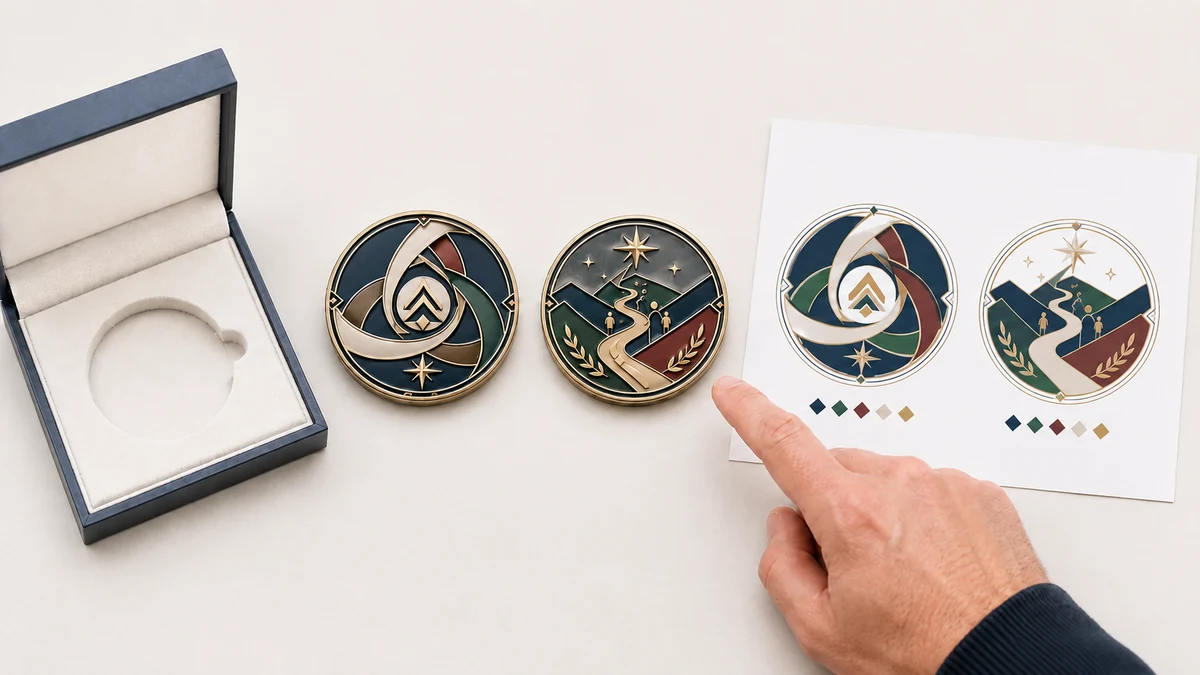 Front and back corporate challenge coin design reviewed with presentation packaging