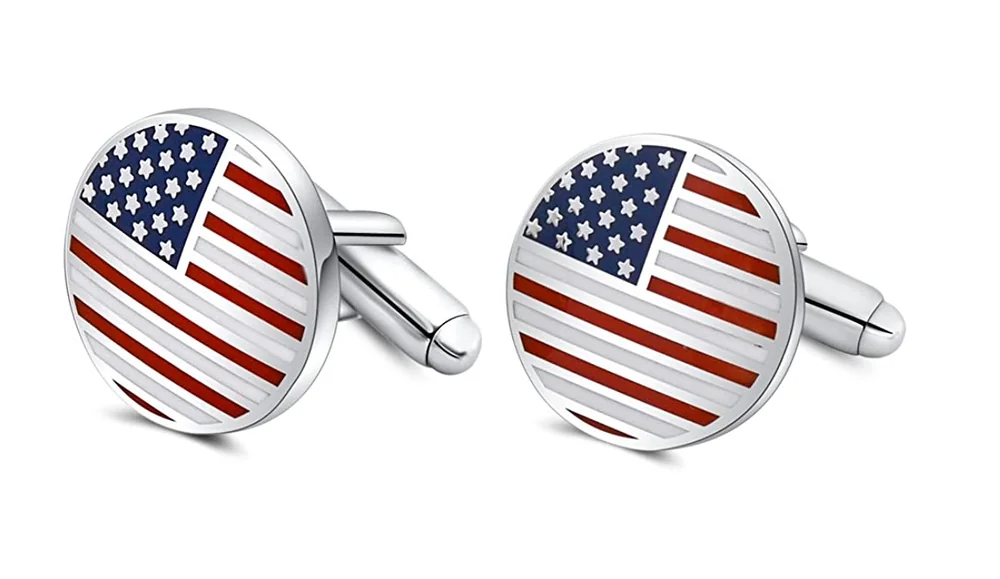 Round silver-tone cufflinks with red, white and blue American flag designs