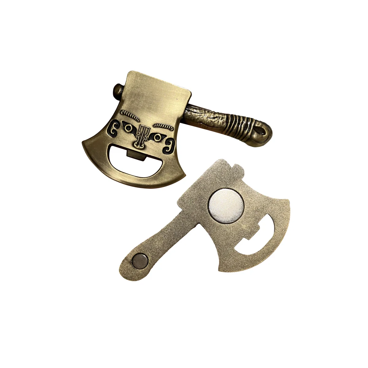Antique brass axe-shaped bottle opener fridge magnet shown from the front and back