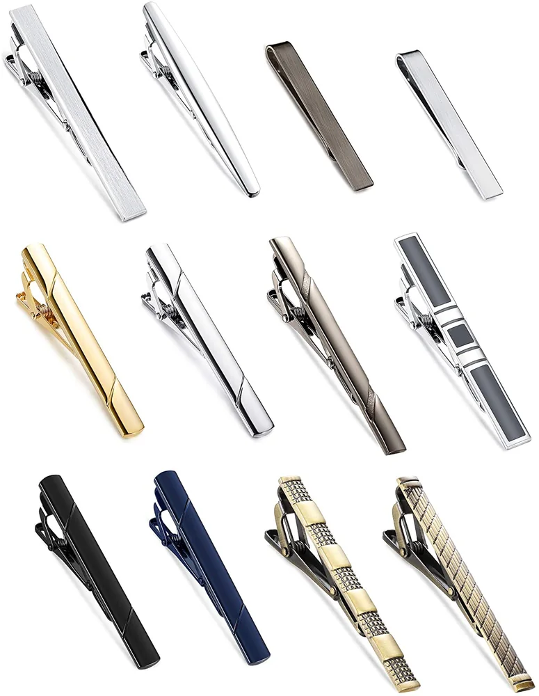 Assorted long and short metal tie clips in silver, gold, black, blue and antique-tone finishes