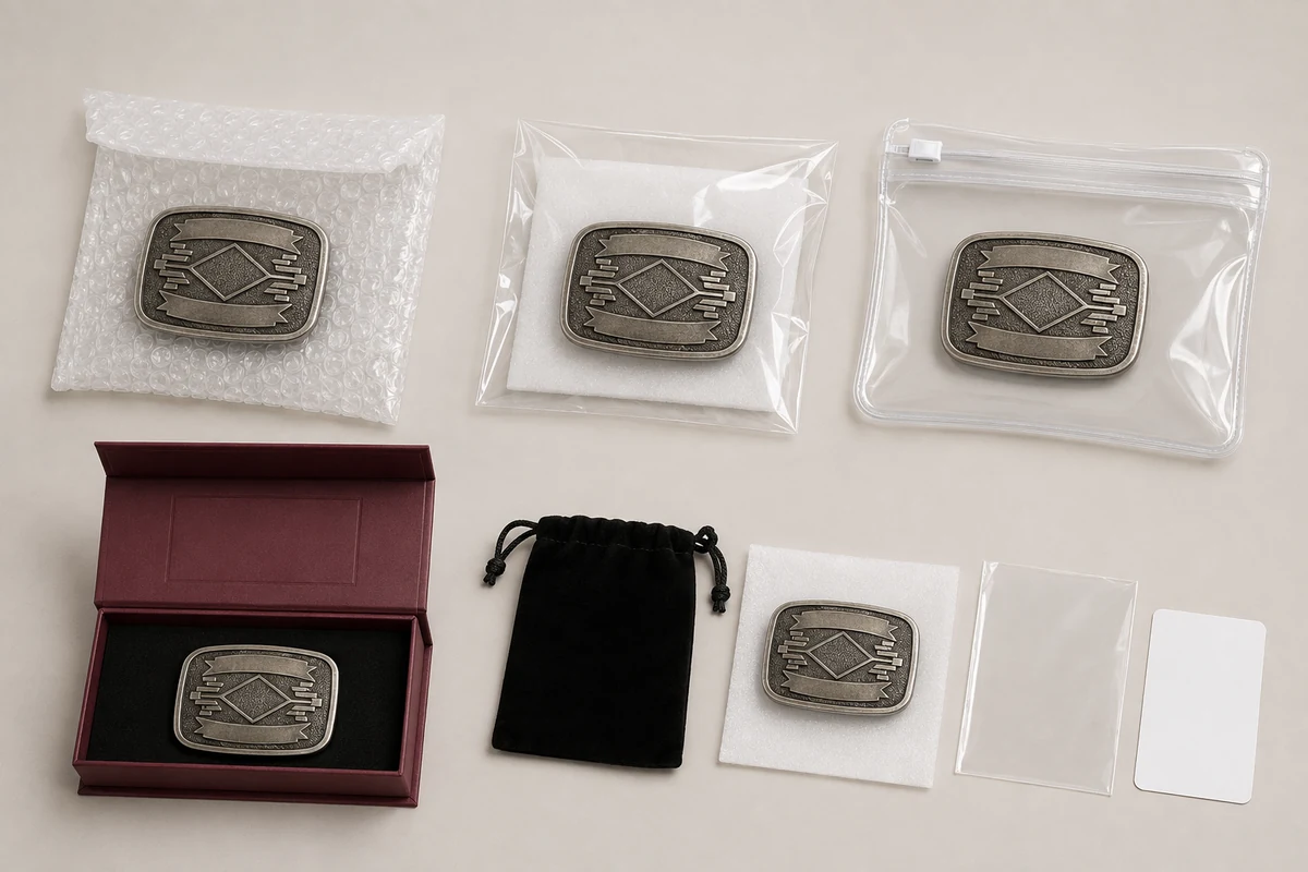 Custom belt buckle packaging with pouch and presentation box options