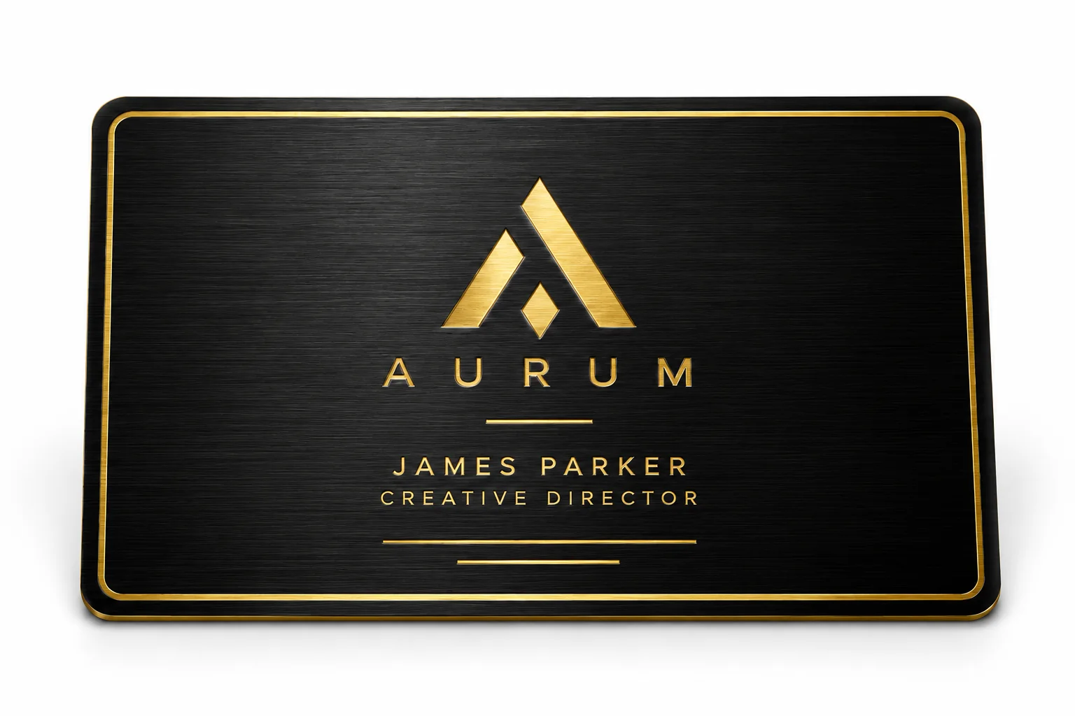 Brushed black metal business card with a gold geometric logo, gold lettering, and a thin gold border on a white background