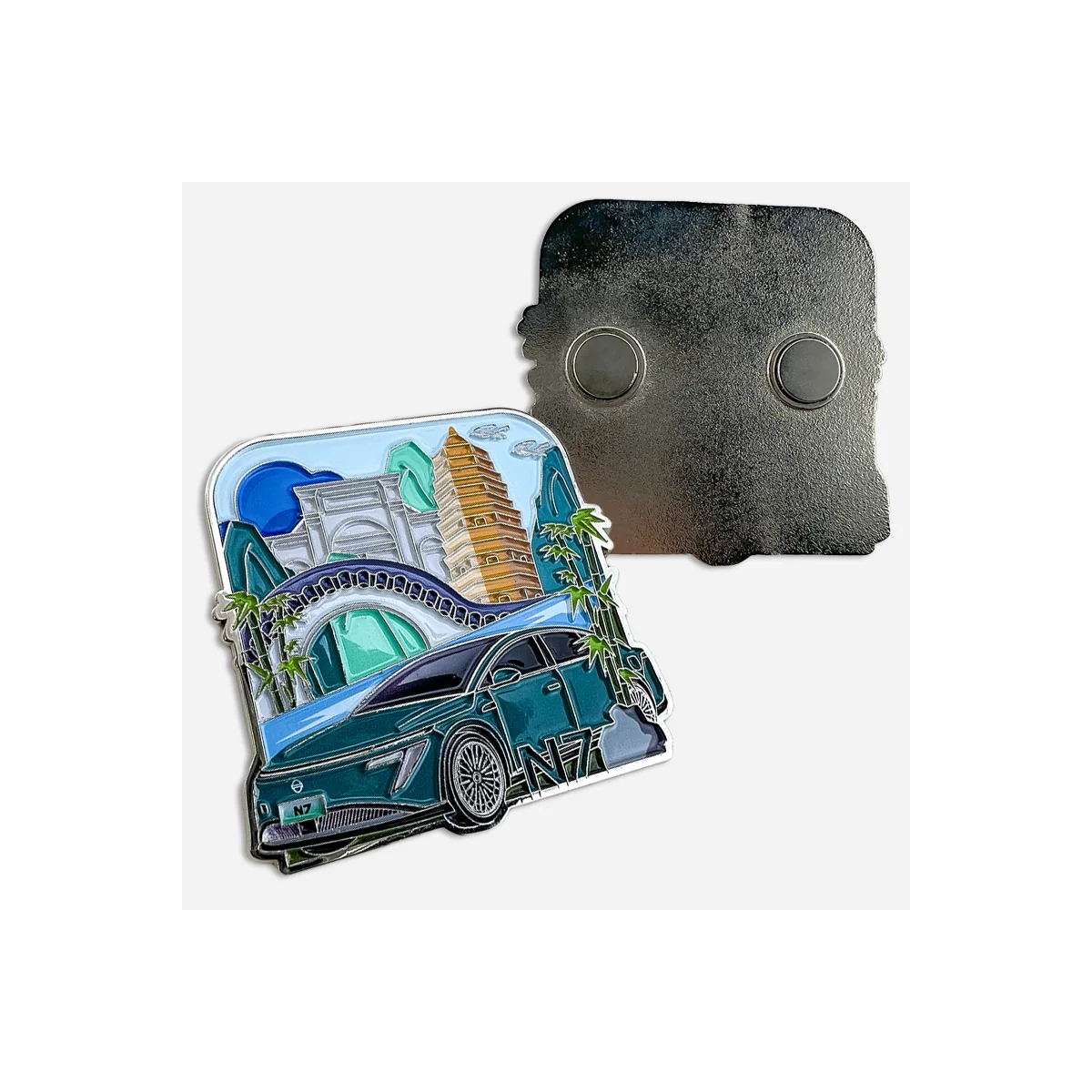 Custom blue city car metal fridge magnet with front and back views Blue enamel city car fridge magnet with landmark architecture and dual magnetic back