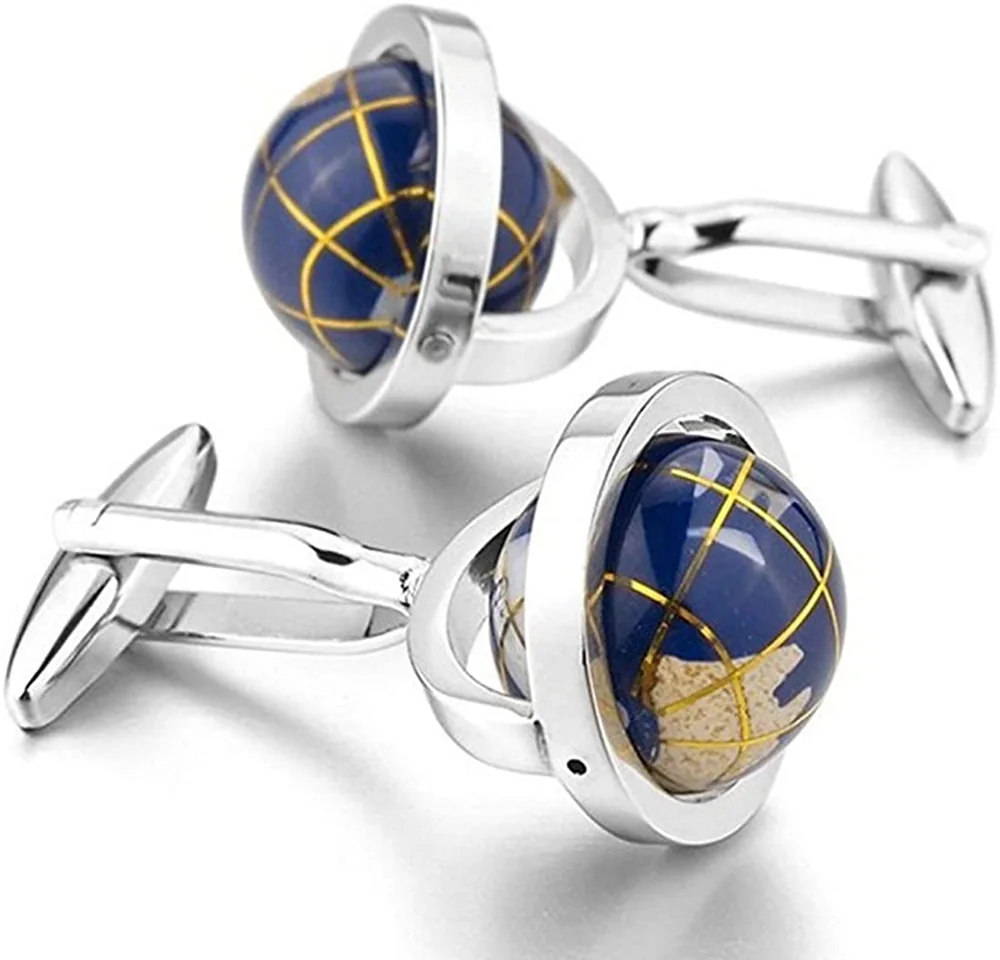 Silver-tone cufflinks with rounded blue globe-style centers and gold grid line details